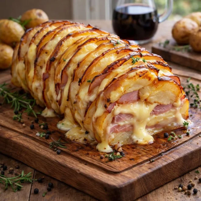 Roti de pommes de terre au jambon et fromage fondu