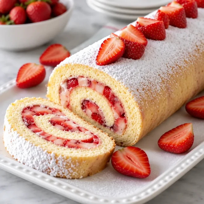 Roulé aux fraises et à la crème facile