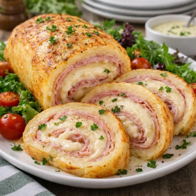 Roulé de pommes de terre au jambon mozzarella au four