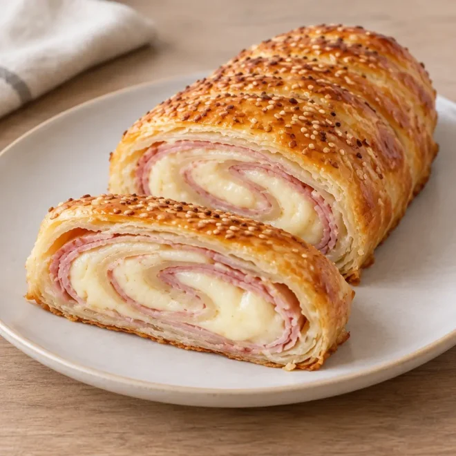 Roulé feuilleté au jambon et au fromage