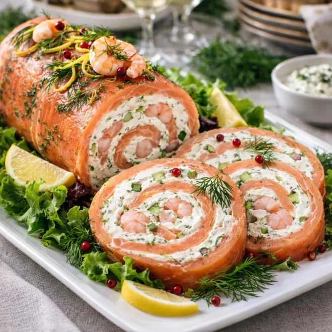 Roulé froid de truite fumée aux crevettes