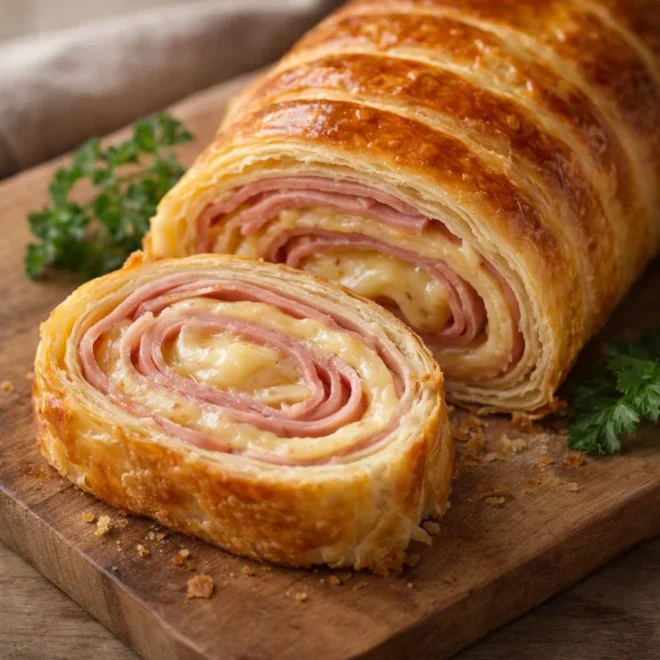 Roulé de pâte feuilletée jambon moutarde fromage
