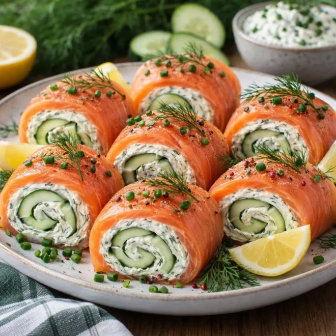 Roulés de saumon fumé au concombre et fromage frais