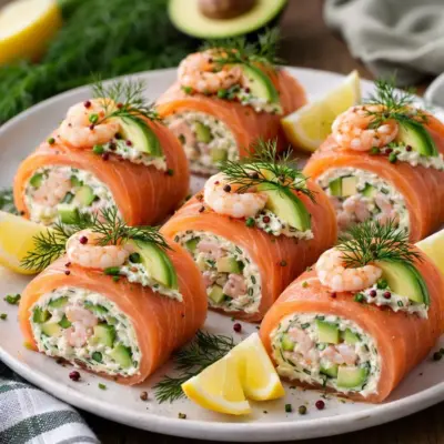 Roulés de saumon fumé aux crevettes et avocat