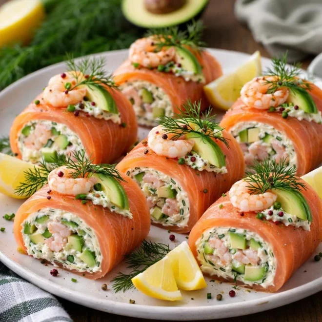Roulés de saumon fumé aux crevettes et avocat