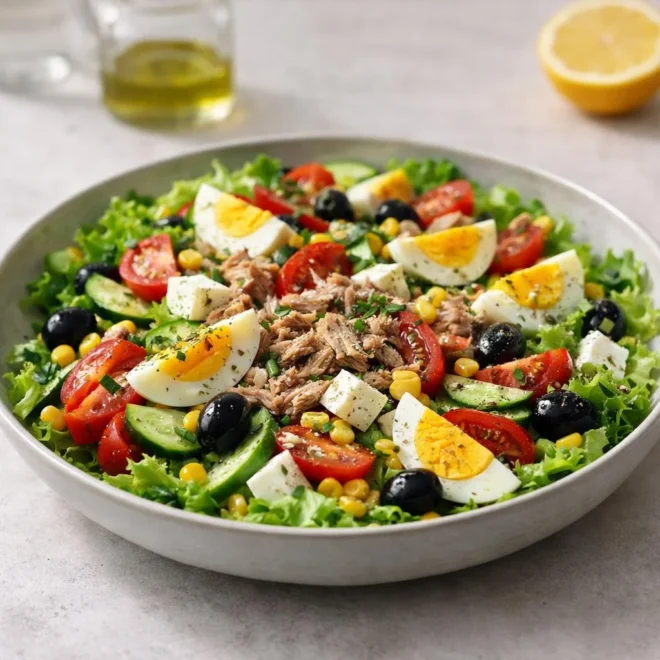 Salade d’été au thon œufs légumes croquants feta