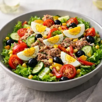 Salade composée d’été au thon, œufs mollets et légumes