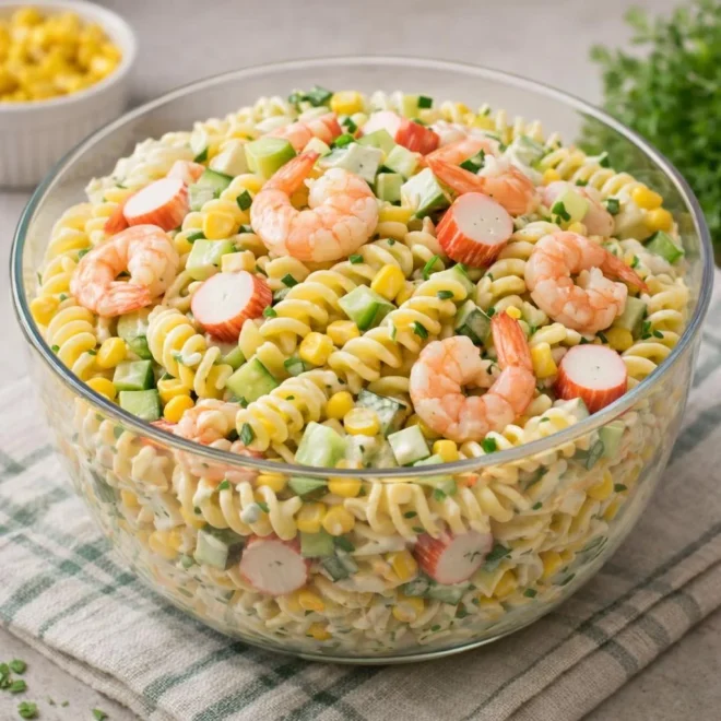 Salade de pâtes océan aux crevettes, surimi, concombre et maïs
