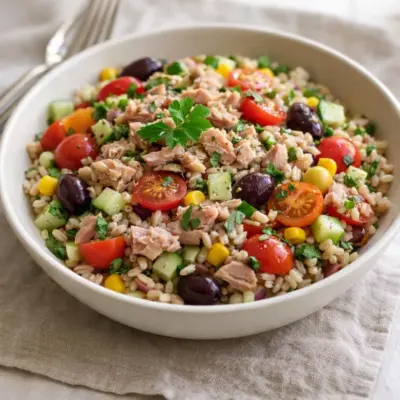 Salade de riz complet au thon : concombre et tomates