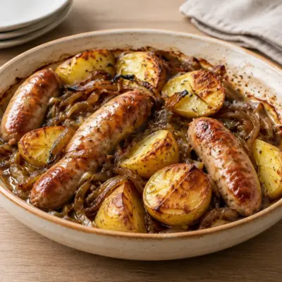 Saucisses au four : pommes de terre rôties