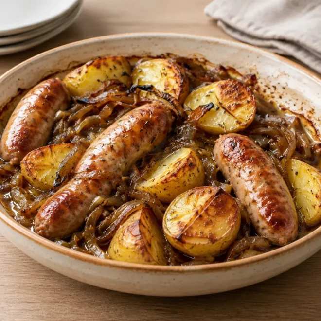 Saucisses au four : pommes de terre rôties