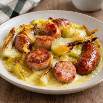 Saucisses au four : fondue de poireaux