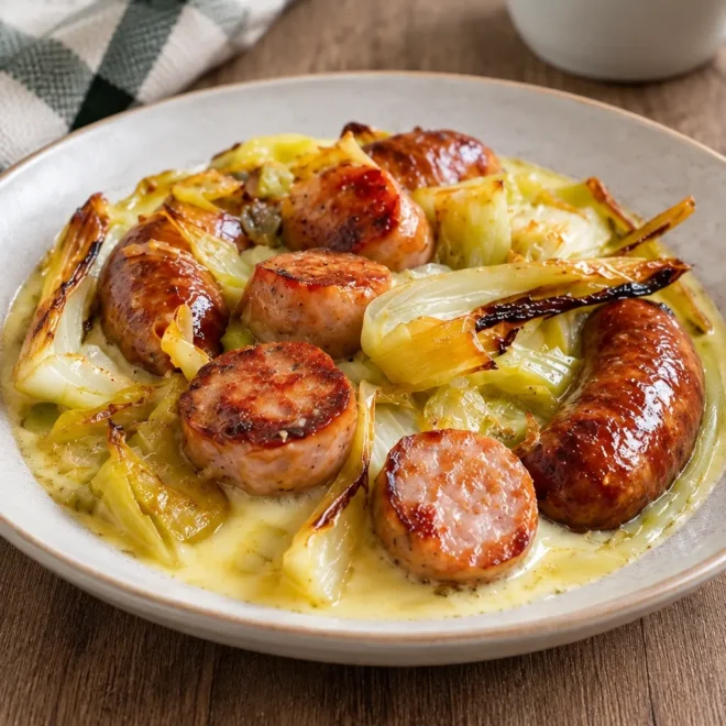 Saucisses au four et fondue de poireaux