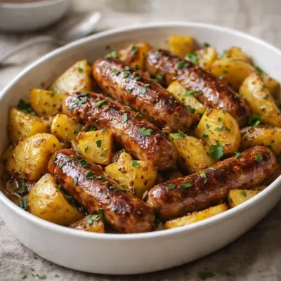 Saucisses et pommes de terre rôties à la moutarde