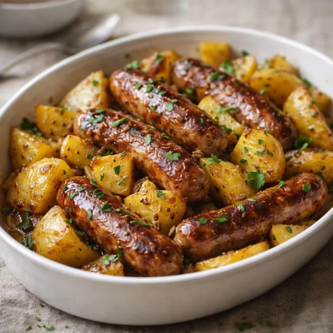 Saucisses et pommes de terre rôties à la moutarde