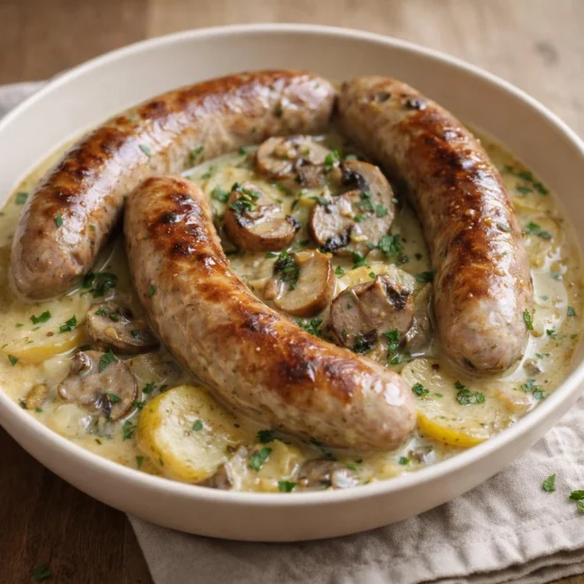 Saucisses de Toulouse à la moutarde et aux champignons