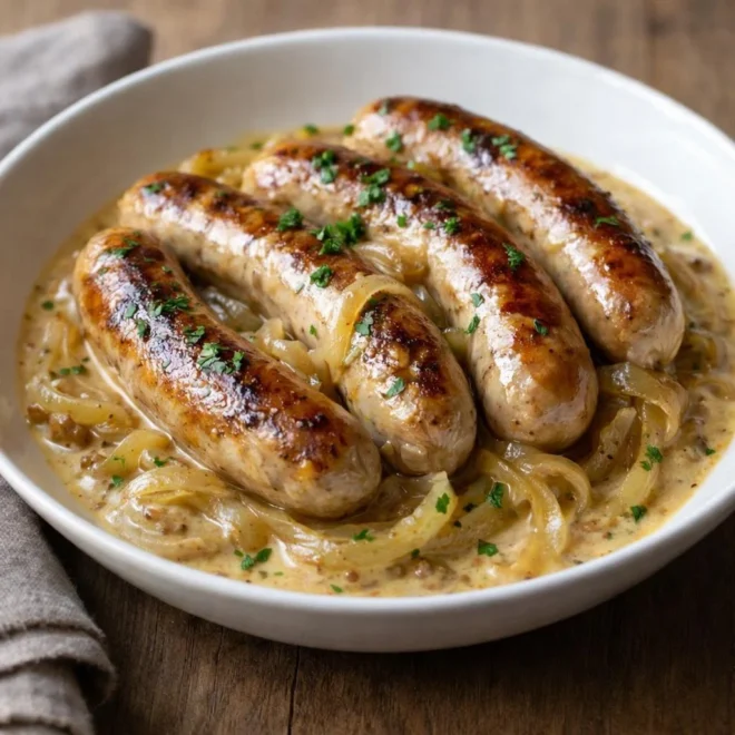 Saucisses à la moutarde et oignons fondants