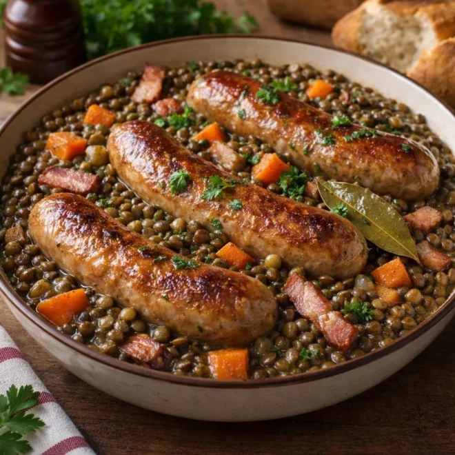 Saucisses de Toulouse aux lentilles et poitrine fumée