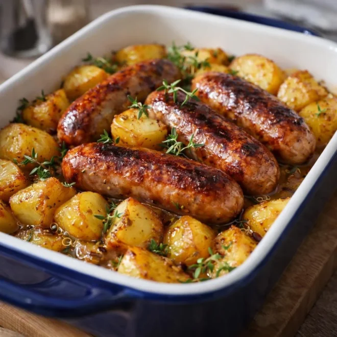 Saucisses et pommes de terre rôties à la moutarde