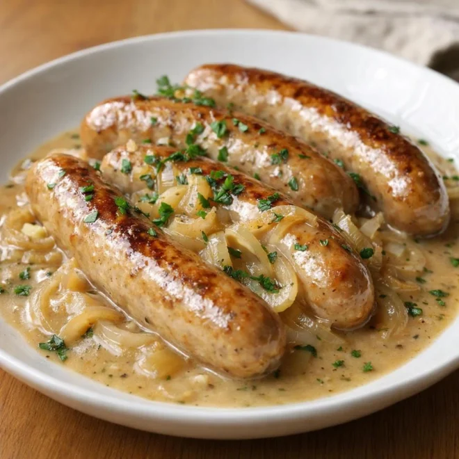 Saucisses à la moutarde et oignons fondants, sauce crémeuse