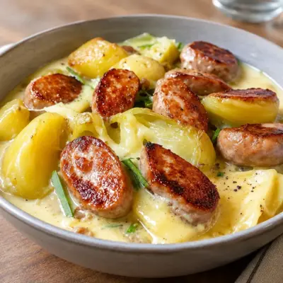 Saucisses, pommes de terre et chou à la crème