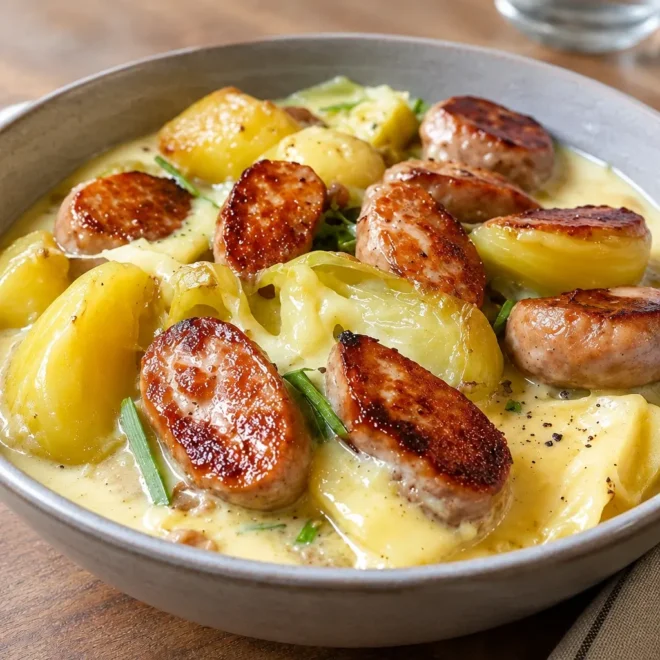 Saucisses, pommes de terre et chou à la crème