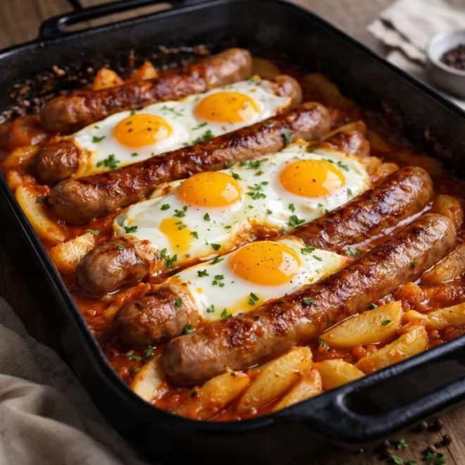 Saucisses pommes de terre œufs au plat : one-pan