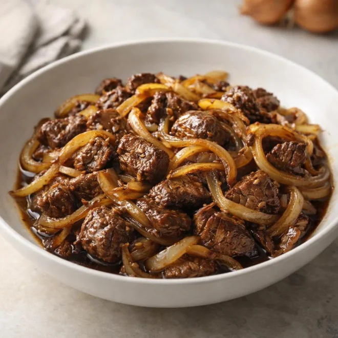 Sauté de bœuf aux oignons caramélisés, sauce soja-ail