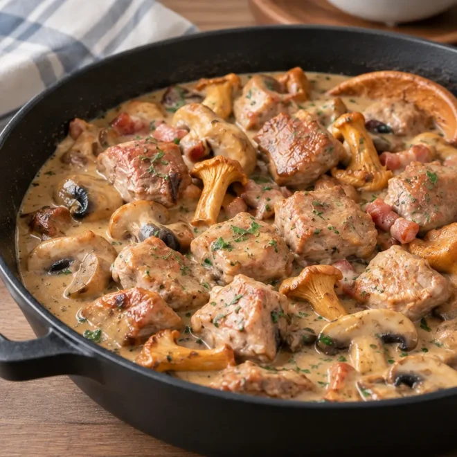 Sauté de porc forestière : recette crémeuse