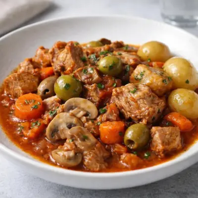 Sauté de porc mijoté aux carottes olives champignons