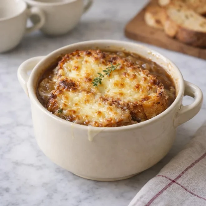 Soupe à l’oignon gratinée au comté : tartines dorées