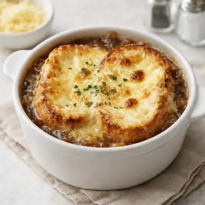 Soupe à l’oignon gratinée : baguette & fromage