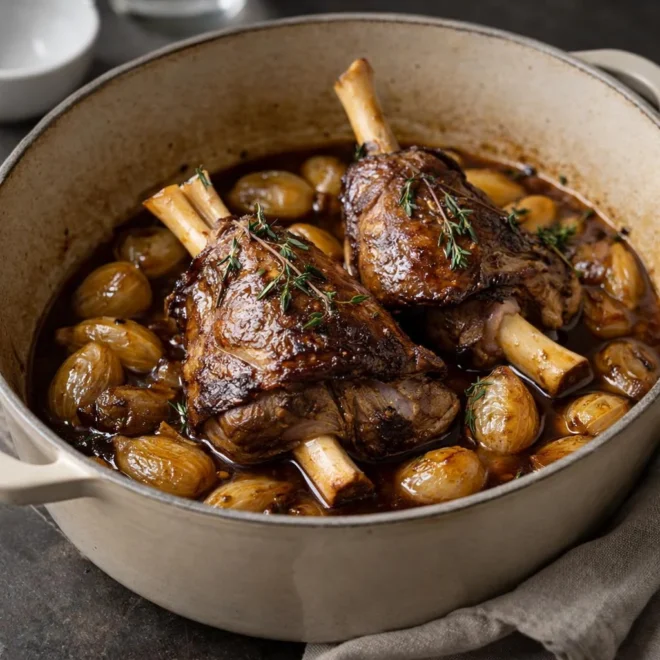 Souris d’agneau confites au four : fondantes aux oignons