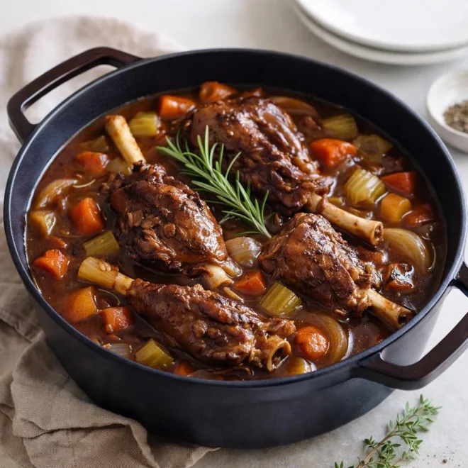 Souris d’Agneau mijotées au vin rouge, légumes fondants et sauce corsée