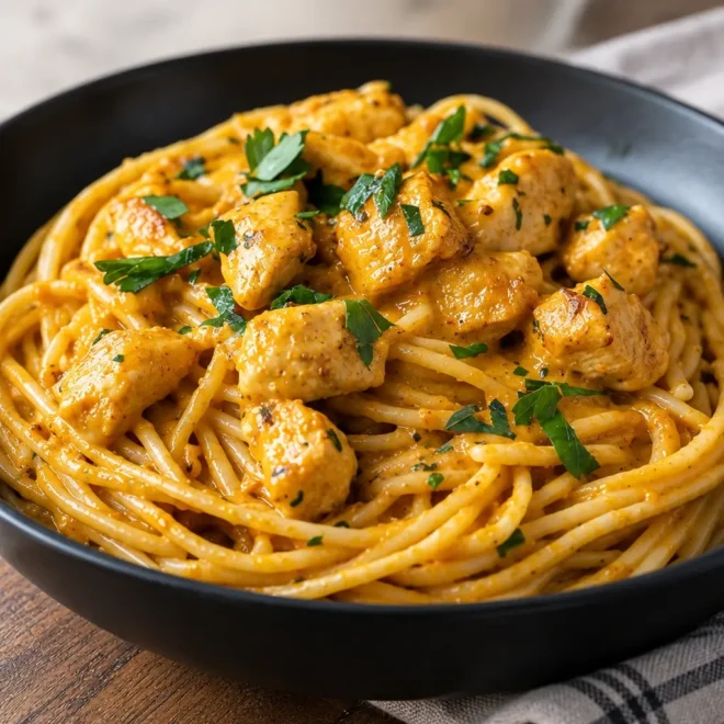 Spaghetti au poulet et au curry facile