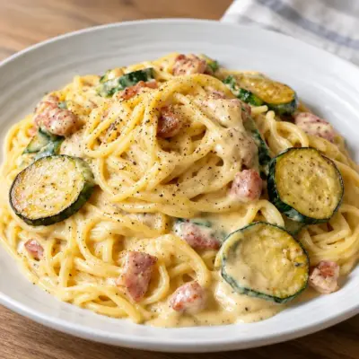 Spaghettis crémeux : recette courgettes lardons