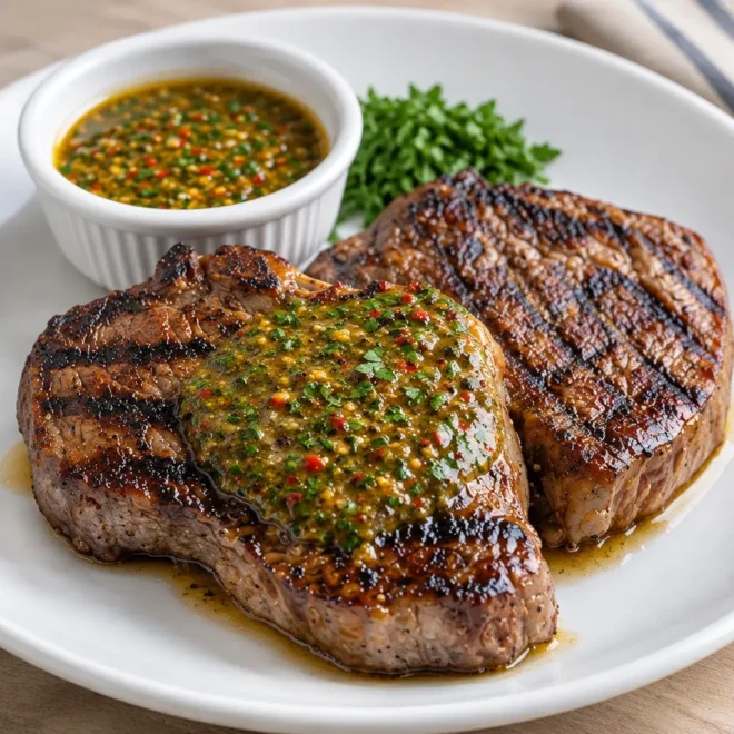 Steaks de bœuf grillés, sauce aux herbes