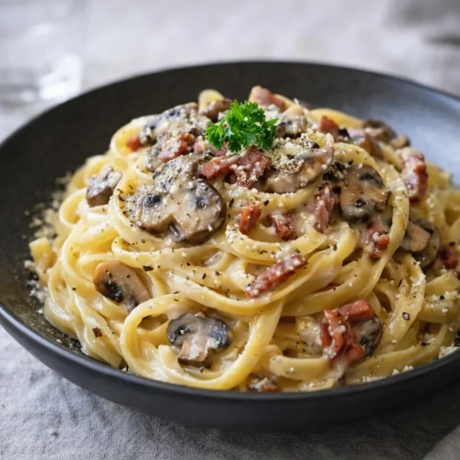 Tagliatelles carbonara aux champignons, sauce parmesan