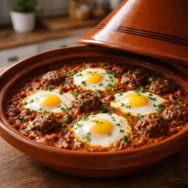 Tajine de bœuf haché aux œufs : jaune coulant