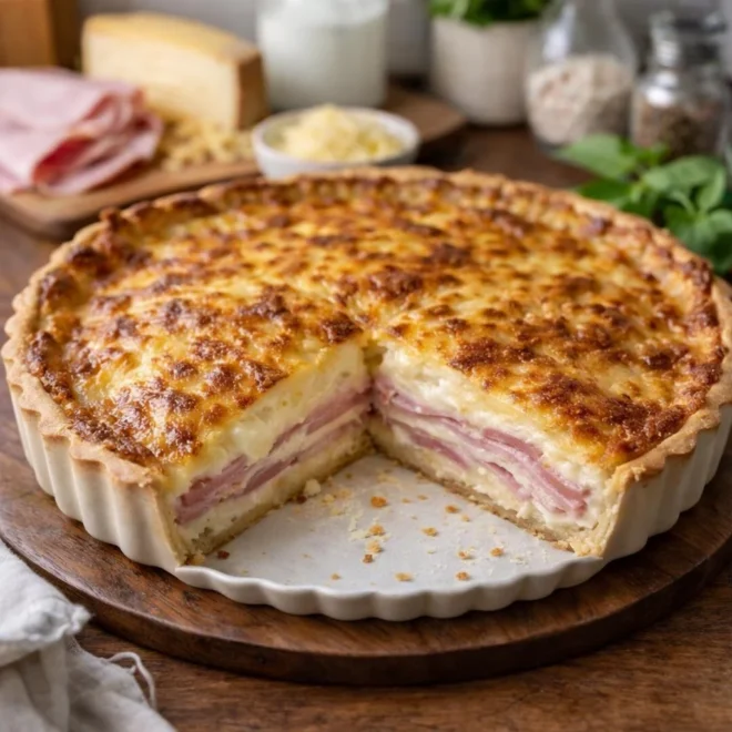 Recette tarte façon croque-monsieur jambon comté