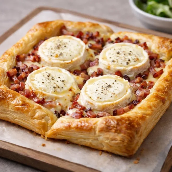 Tarte feuilletée lardons & chèvre, cœur coulant au four