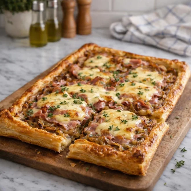Tarte feuilletée jambon raclette oignons caramélisés