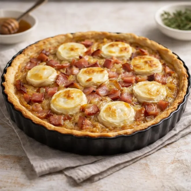 Tarte oignon lardon chèvre miel : la recette gourmande