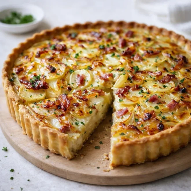 Tarte paysanne lardons fumés, pommes de terre & oignons