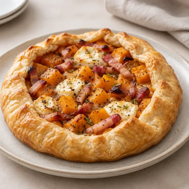 Tarte rustique au potimarron, chèvre et lardons