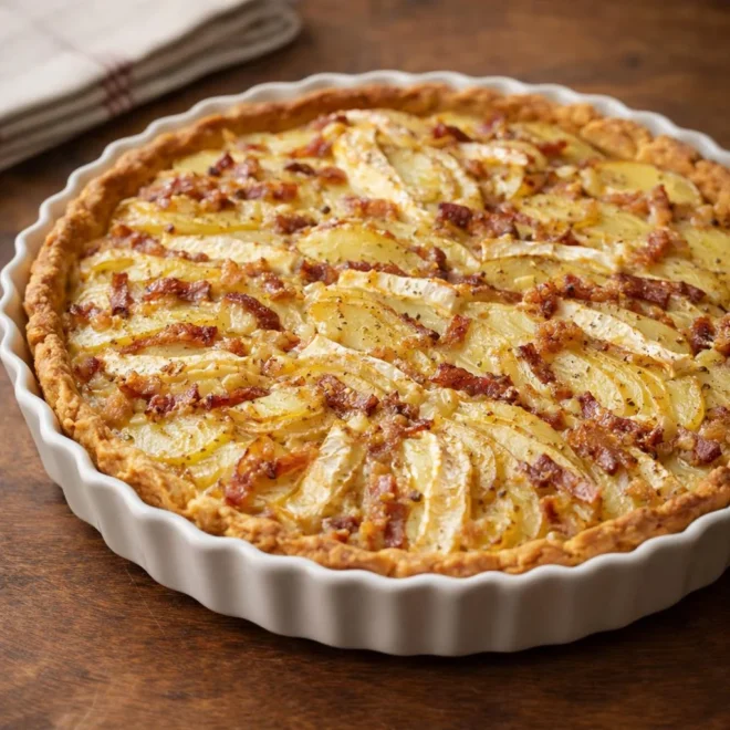 Tarte pommes de terre camembert lardons : ultra gratinée