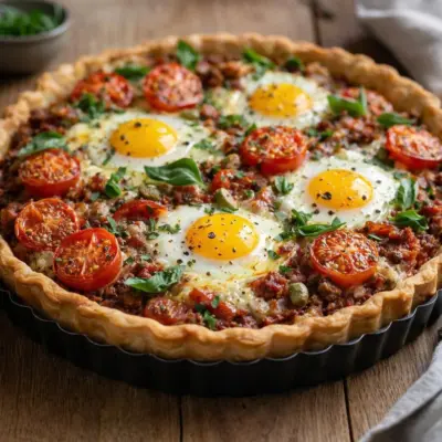 Recette tarte viande hachée tomates œufs miroir