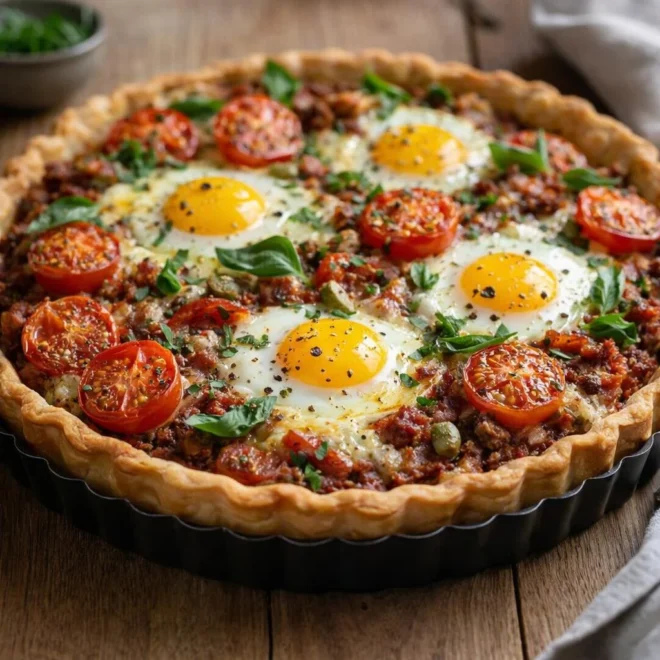 Recette tarte viande hachée tomates œufs miroir