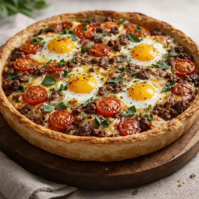 Tarte à la viande hachée tomates et œufs au four