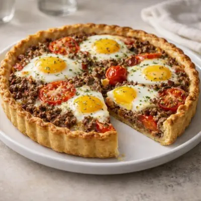 Tarte à la viande hachée tomates et œufs miroir